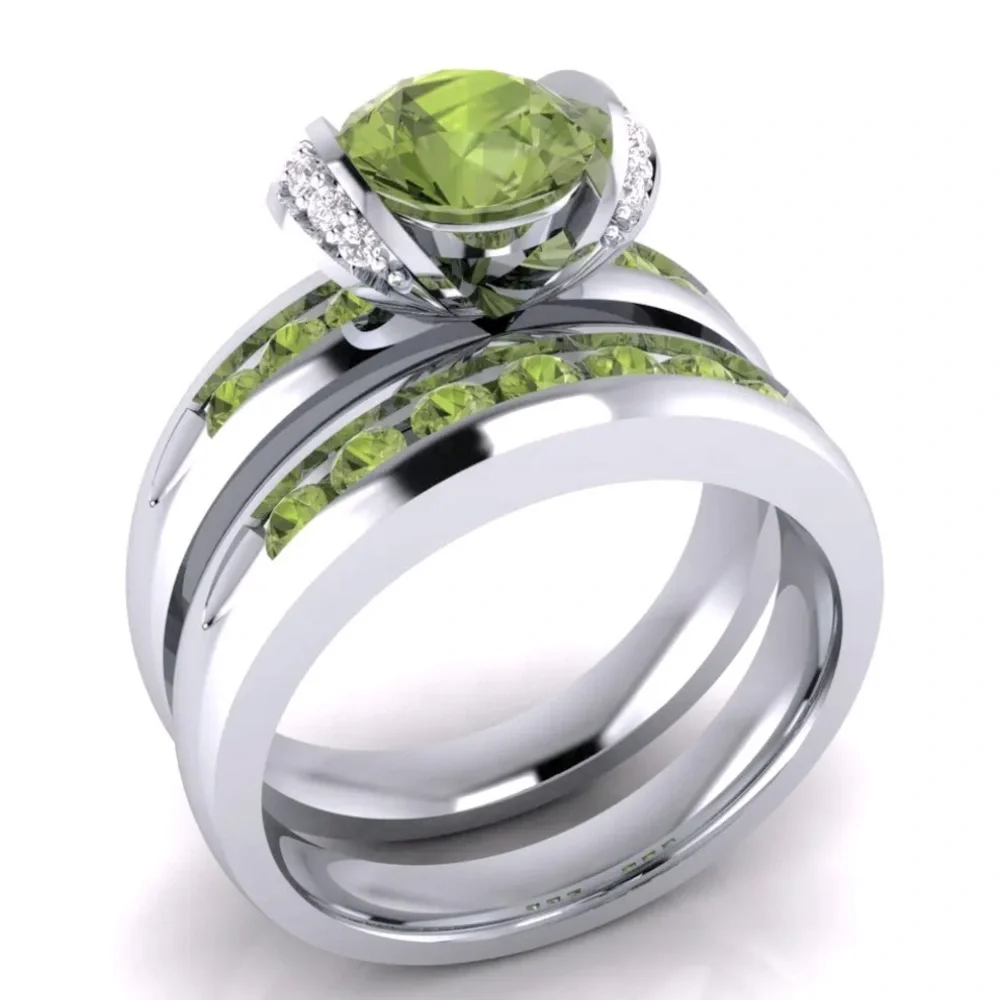 New Sterling Silver Peridot White Sapphires 2pc Ring Set